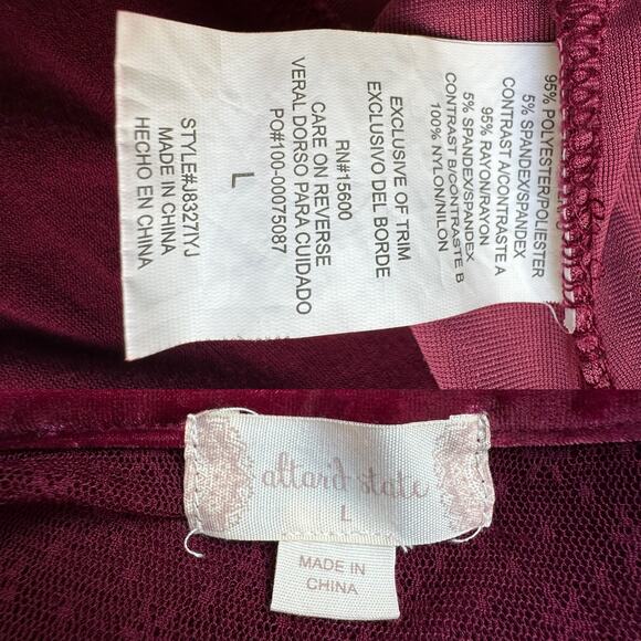 Altar'd State Maroon Sheer Back Long Sleeve Velour Bodysuit Blouse Large - Picture 10 of 10